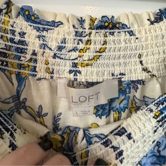 LOFT Off-Shoulder Floral Blouse - Blue and White Block Print - Picture 5 of 6